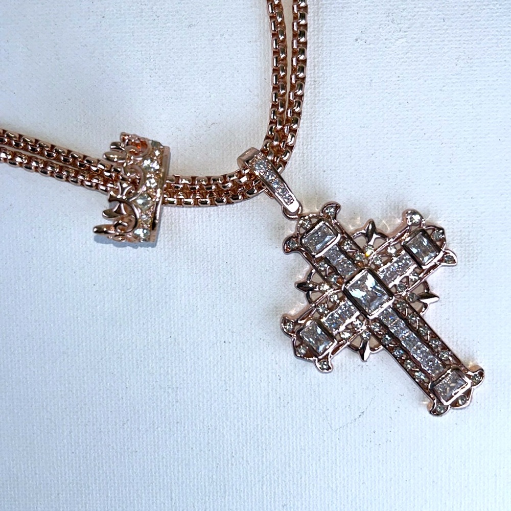 NWOT Rose Gold Tone Cross & Crown “King of Kings” Statement Necklace Spiritual